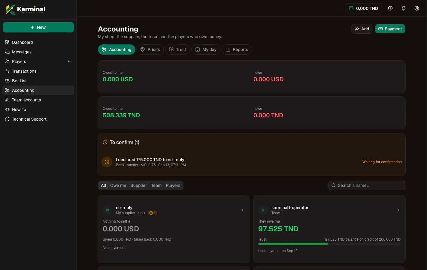The Accounting page of Karminal: amounts owed to me and by me in USD and TND, a payment waiting for confirmation and the list of counterparties.