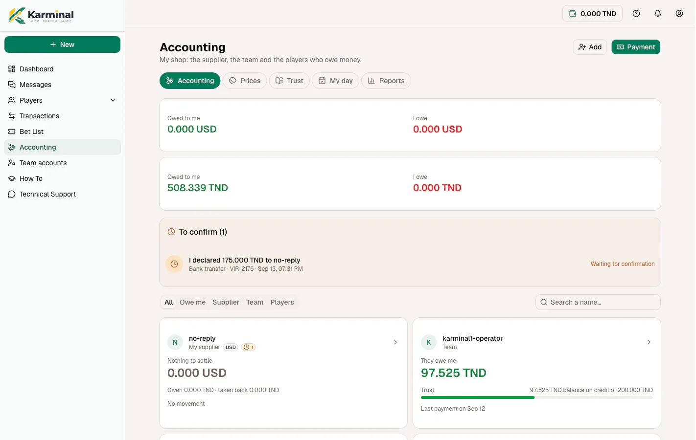 The Accounting page of Karminal: amounts owed to me and by me in USD and TND, a payment waiting for confirmation and the list of counterparties.