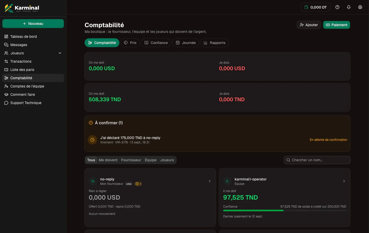 La page Comptabilité de Karminal : montants dus en USD et TND, un paiement en attente de confirmation et la liste des contreparties.