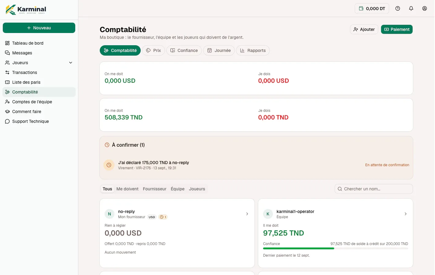 La page Comptabilité de Karminal : montants dus en USD et TND, un paiement en attente de confirmation et la liste des contreparties.