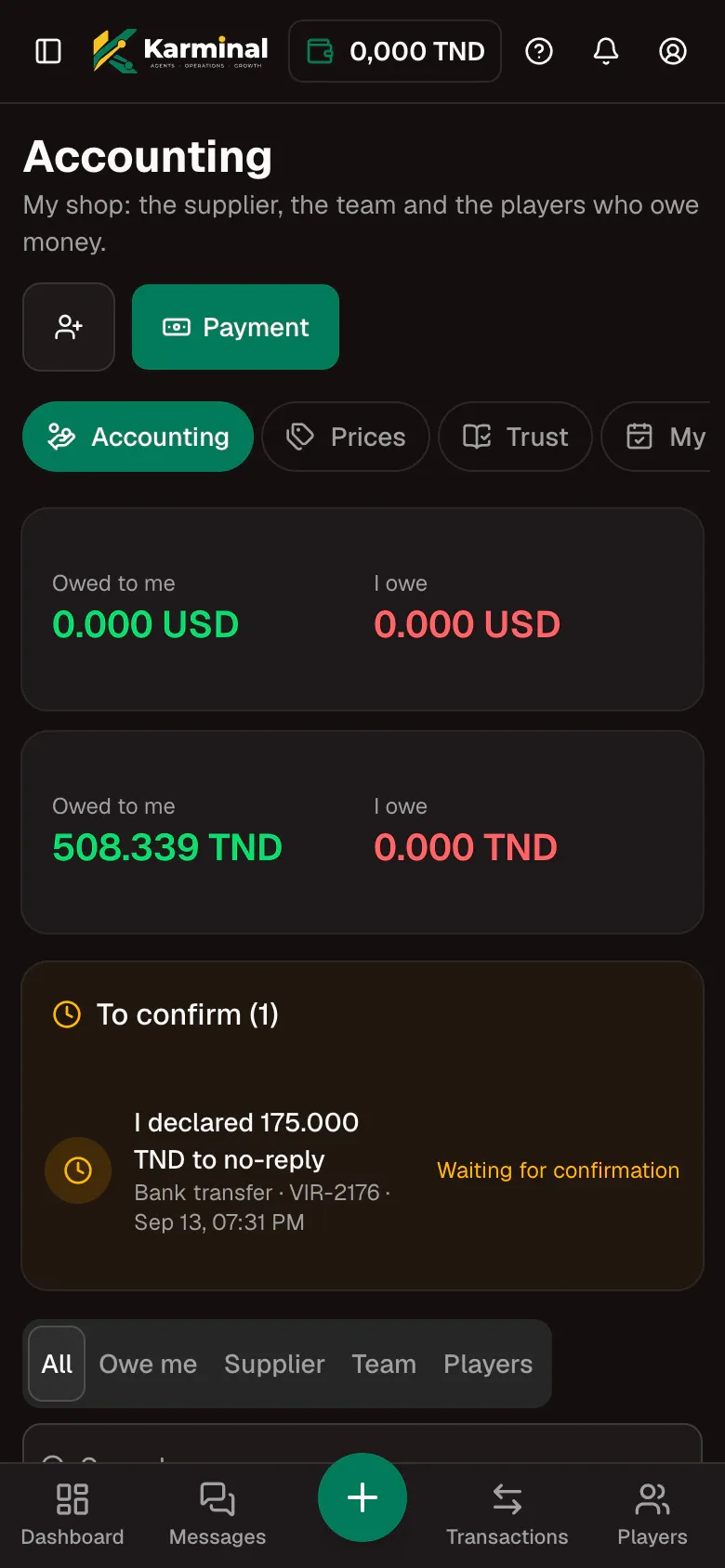 The Accounting page on a phone: balances owed, a payment to confirm and the counterparty filters.