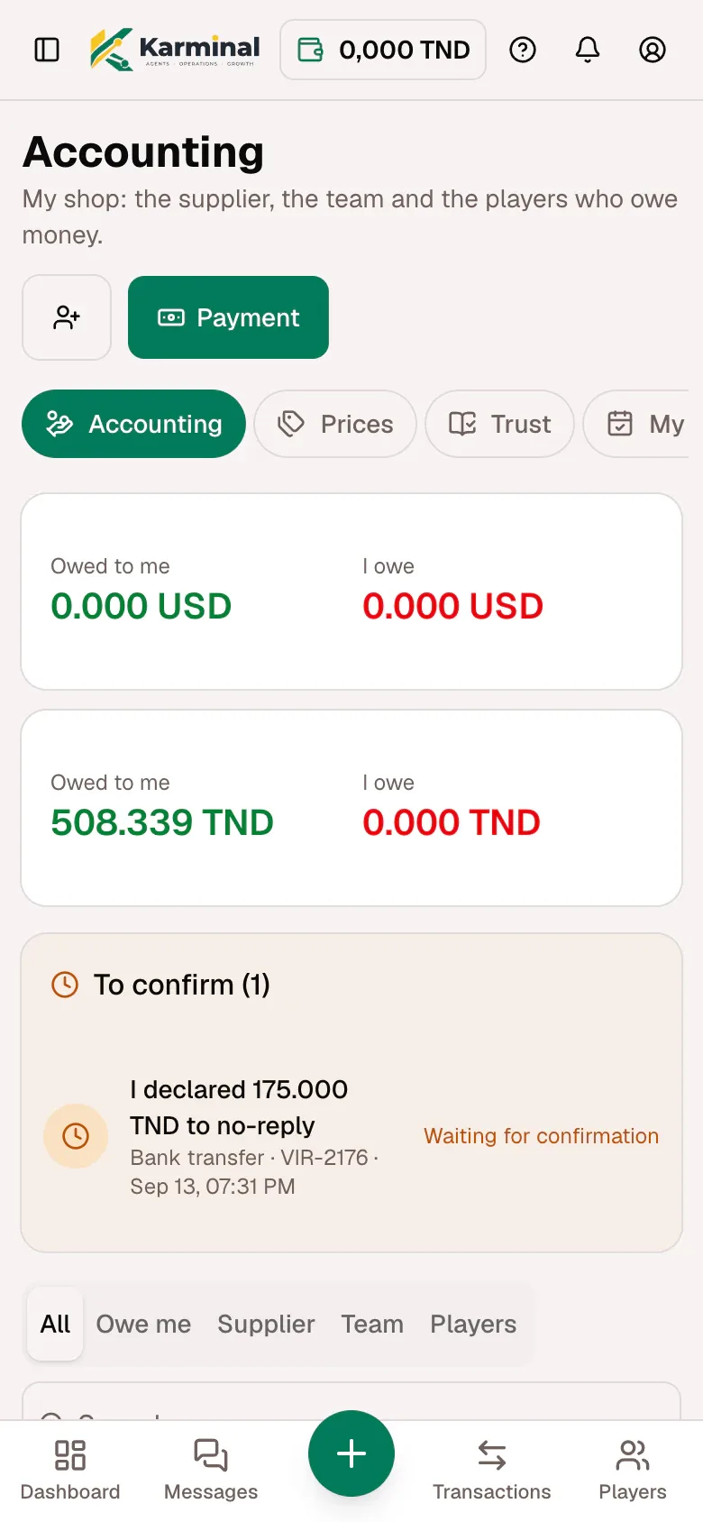The Accounting page on a phone: balances owed, a payment to confirm and the counterparty filters.