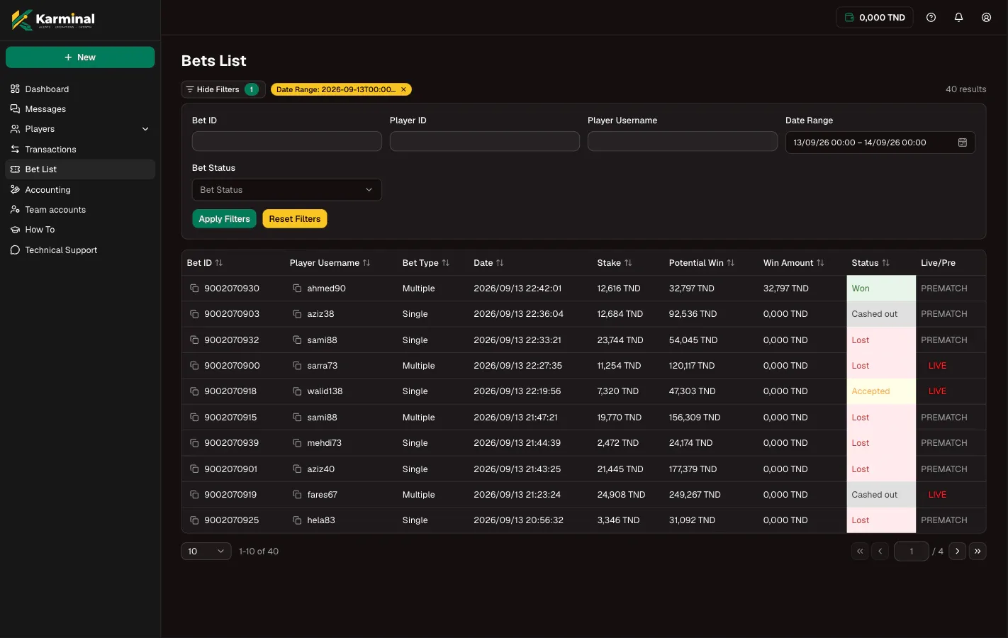 The Bet list of Karminal: bets with player, type, date, stake, potential win, status and live or prematch label.