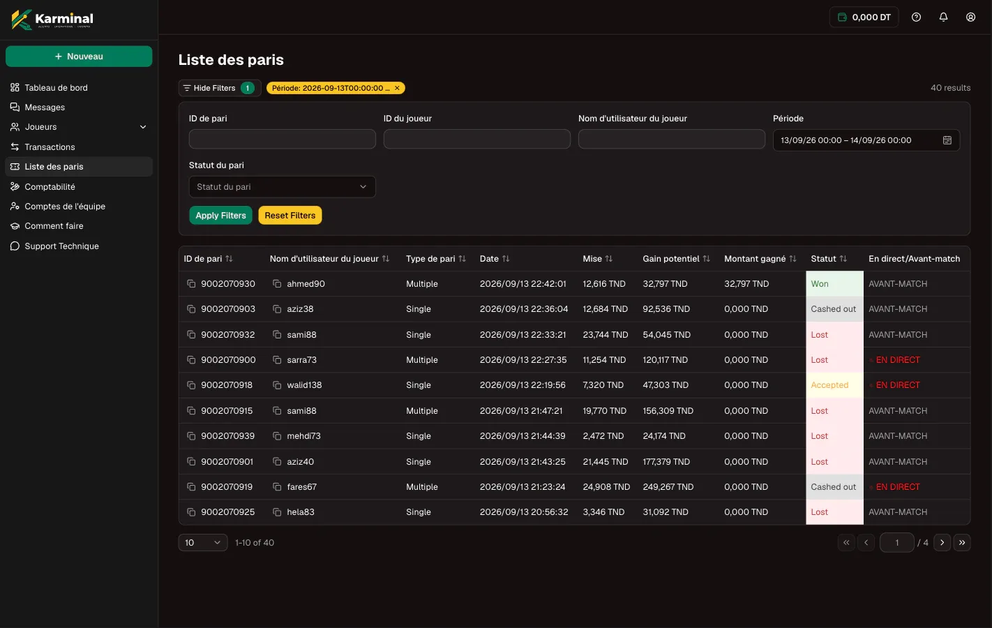 La liste des paris de Karminal : paris avec joueur, type, date, mise, gain potentiel, statut et mention live ou prematch.