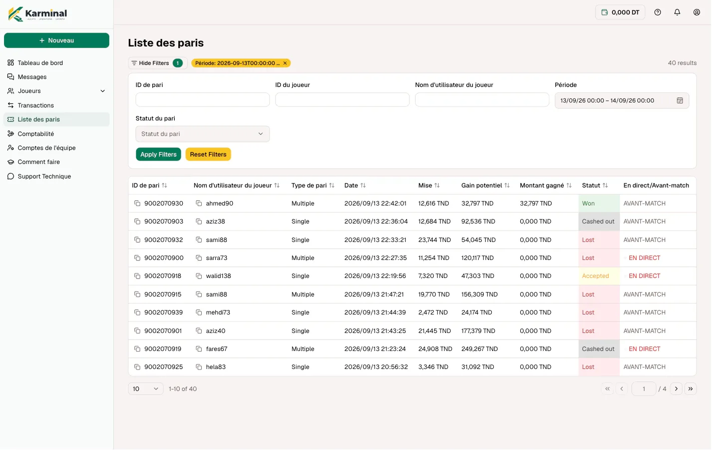 La liste des paris de Karminal : paris avec joueur, type, date, mise, gain potentiel, statut et mention live ou prematch.