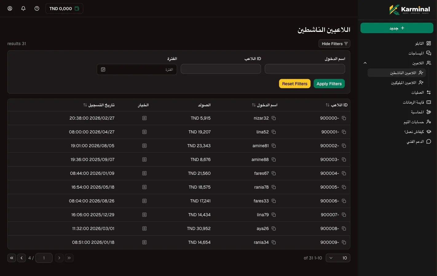 صفحة اللاعبين الناشطين في Karminal: جدول تنجّم تفرزو ويوري معرّف اللاعب، اسم المستخدم، الرصيد وتاريخ التسجيل.