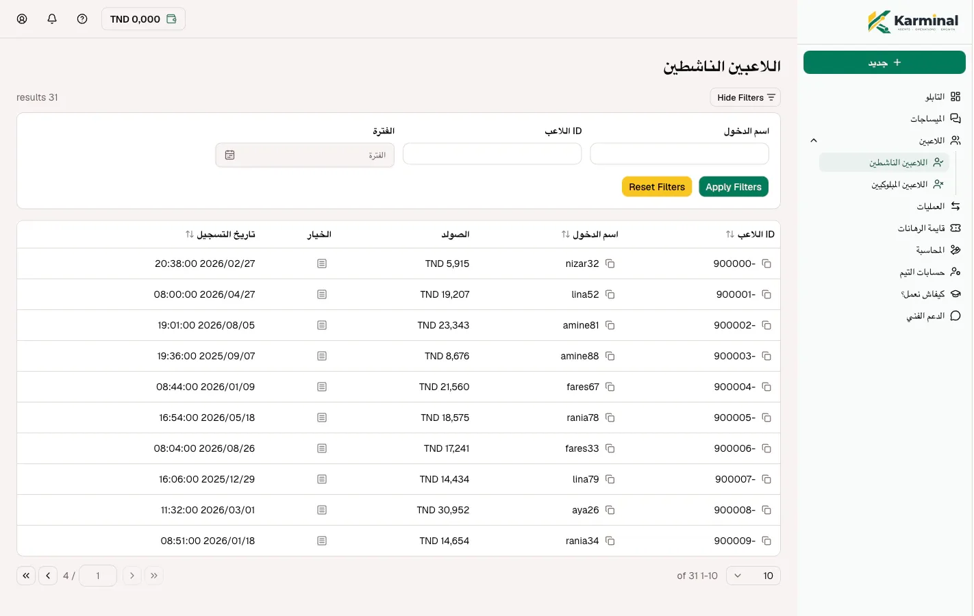 صفحة اللاعبين الناشطين في Karminal: جدول تنجّم تفرزو ويوري معرّف اللاعب، اسم المستخدم، الرصيد وتاريخ التسجيل.