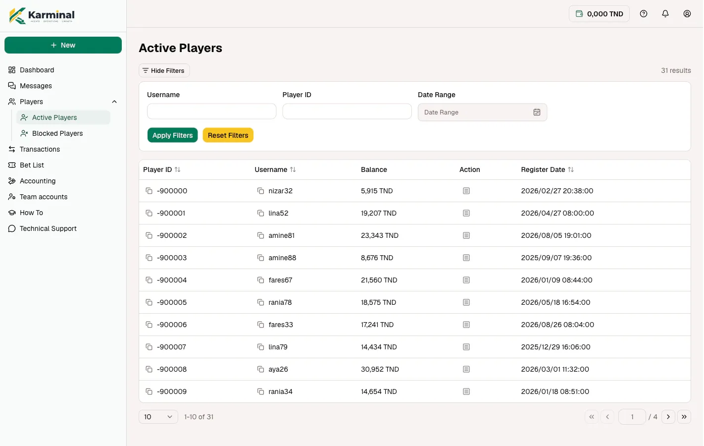 The Active players page of Karminal: a filterable table with player ID, username, balance and registration date.