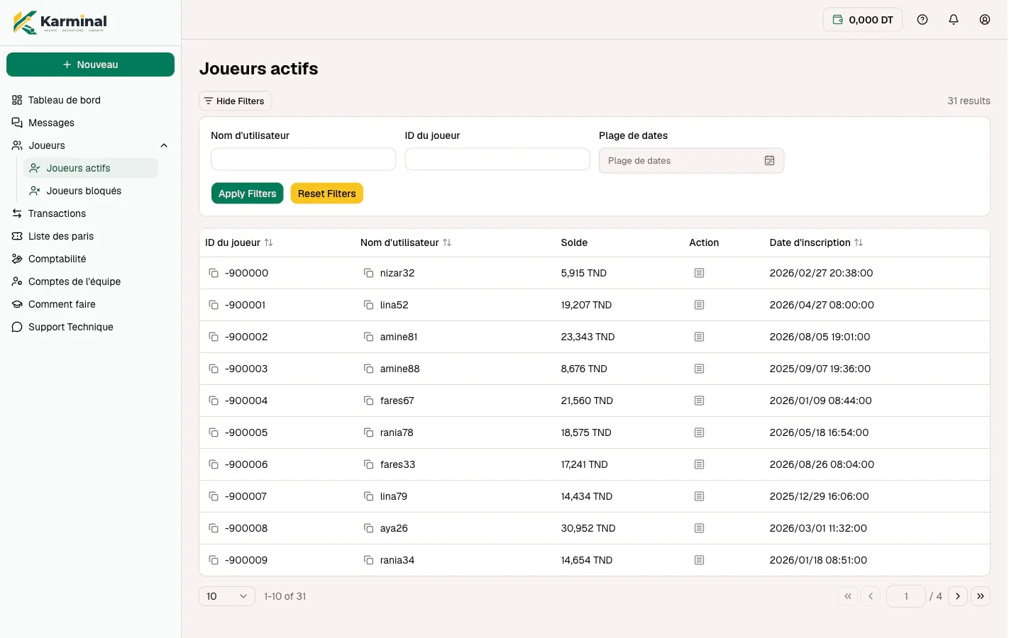 La page Joueurs actifs de Karminal : un tableau filtrable avec identifiant, nom d'utilisateur, solde et date d'inscription.