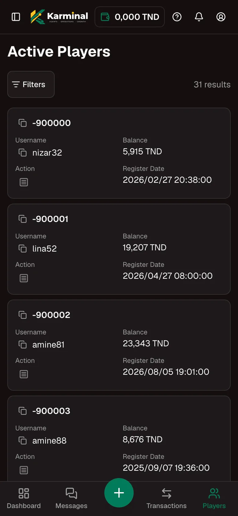 The Active players page on a phone: one card per player with balance and registration date.