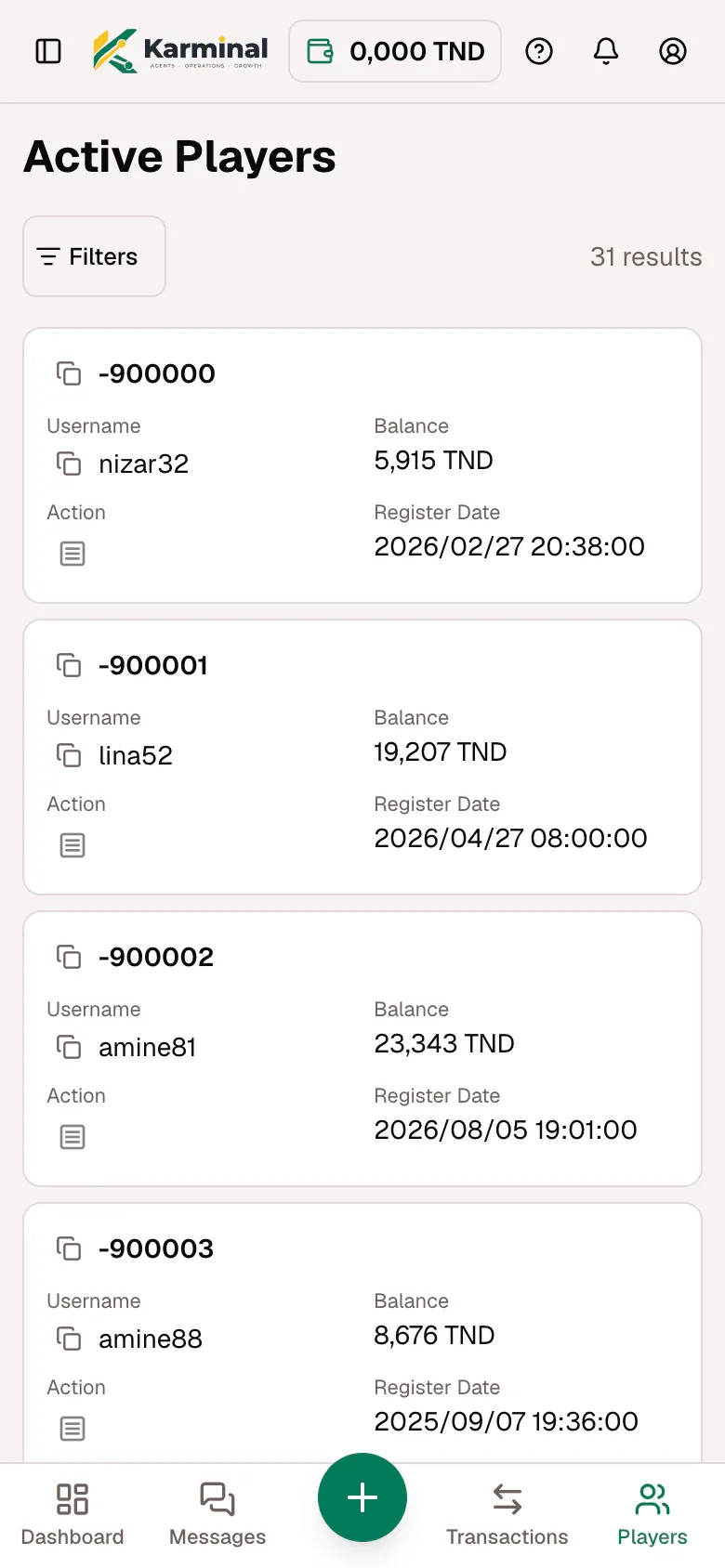 The Active players page on a phone: one card per player with balance and registration date.